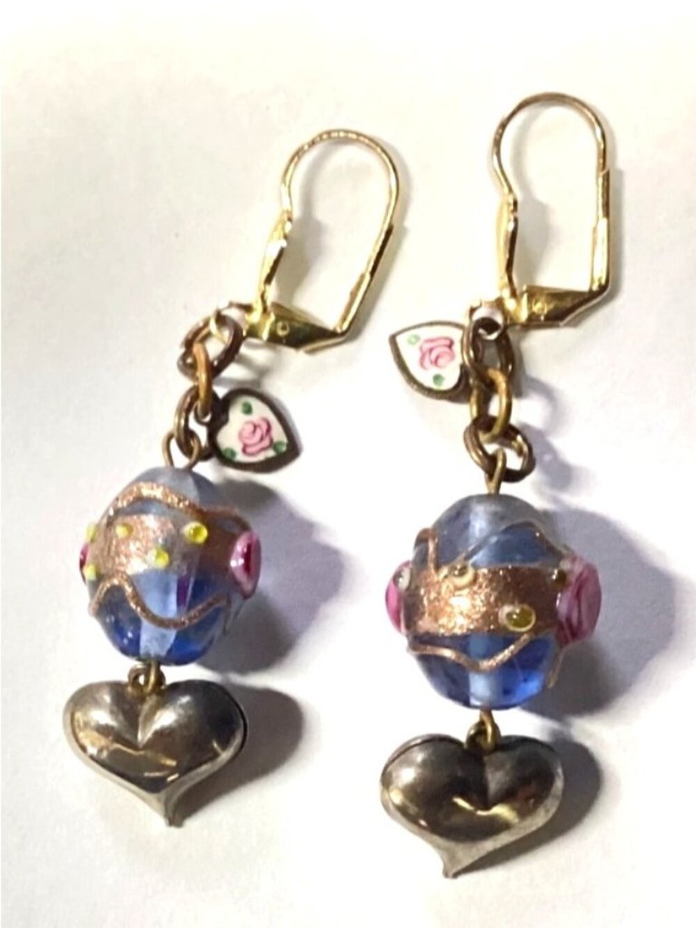 Vintage Blue Venetian Murano Wedding Cake Bead & Puffy Heart Leverback Earrings